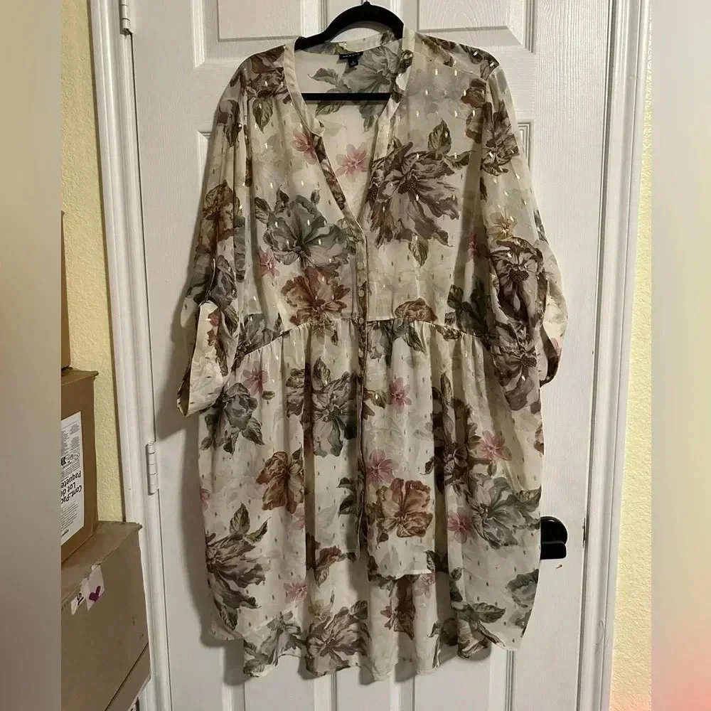 Torrid Sheer Floral Chiffon High Low Tunic Shirt Dress Plus Sz 4 Ivory Gold - Picture 1 of 5